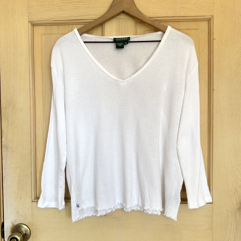 Vintage Y2K 100% Cotton Lauren Ralph Lauren Ribbed 3/4 Sleeve top Lettuce Hem